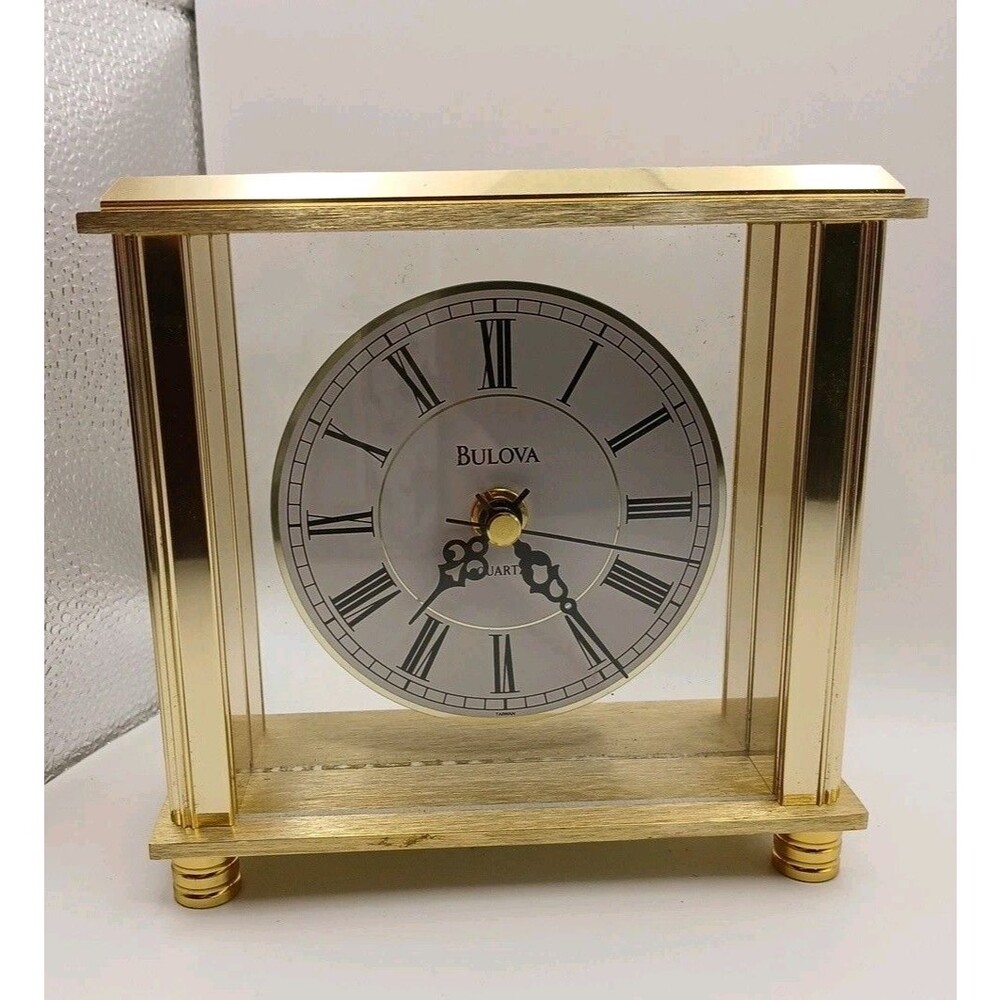 Bulova B1703 Cheryl Brass Table Clock Roman Numerals Filigree Hands Fluted Sides